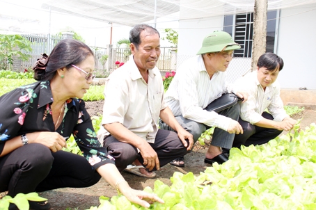 Cán bộ, đảng viên ấp An Bình thăm vườn rau của giáo dân trong ấp.