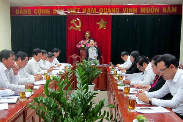 Đồng chí Phan Thị Mỹ Thanh, Phó Bí thư Tỉnh ủy, Trưởng đoàn đại biểu Quốc hội tỉnh phát biểu tại buổi làm việc. 
