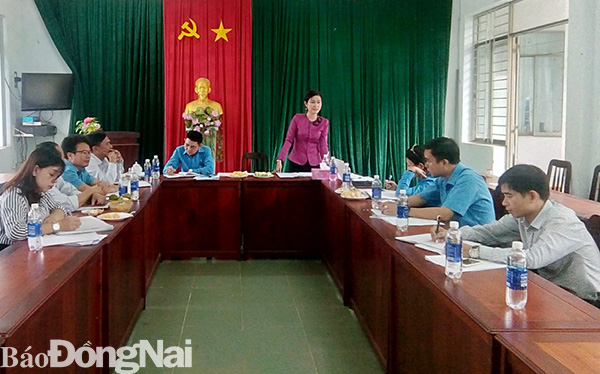 Đại diện LĐLĐ huyện Thống Nhất báo cáo tình hình hoạt động Công đoàn năm 2019 với đoàn công tác