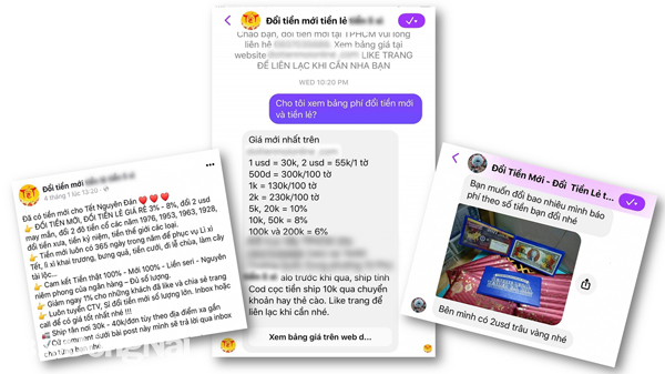 Một số quảng cáo các dịch vụ đổi tiền mới trên mạng xã hội. Ảnh: L.Phương