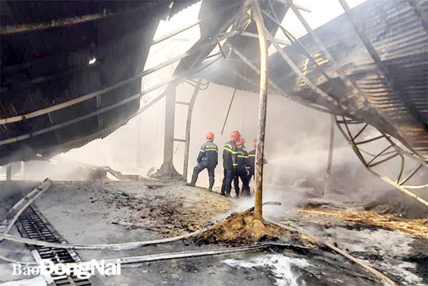 Lực lượng cảnh sát phòng cháy, chữa cháy dập tắt vụ cháy tại Cơ sở Kinh doanh đồ gỗ Triệu Vy (thuộc P.Tân Biên, TP.Biên Hòa) ngày 16-1. Ảnh: C.T.V
