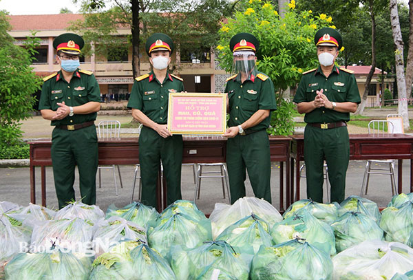 Đại diện Bộ CHQS tỉnh trao tặng quà rau, củ, quả hỗ trợ LLVT tỉnh Bình Dương phòng, chống dịch. Ảnh: Tấn Mẫn