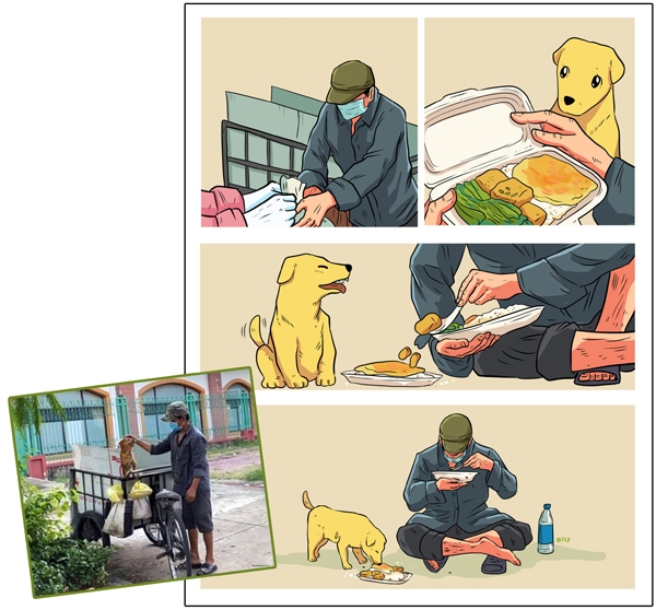 Suất cơm từ thiện, người nhặt ve chai và em cún - tranh Đình Thăng vẽ ngày 17-8 có cảm hứng từ hình ảnh một người nhặt ve chai chia suất cơm từ thiện cùng với chú chó của mình