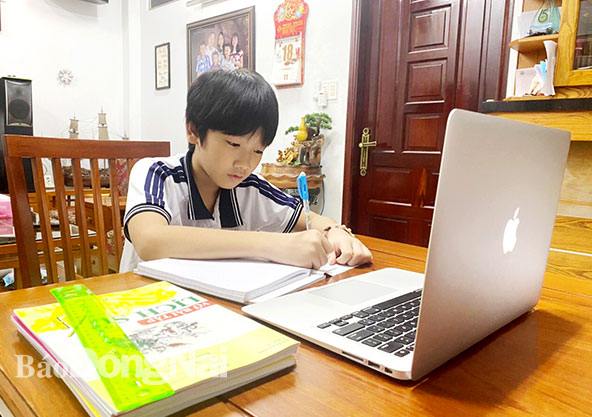 Học sinh Trường TH-THCS-THPT Đinh Tiên Hoàng (TP.Biên Hòa) trong giờ học online. Ảnh: H.Yến
