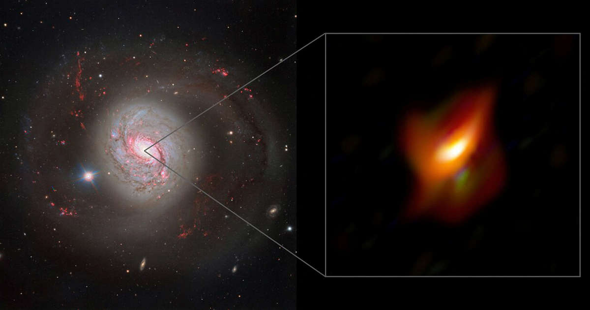 A handout image obtained by Reuters on February 16, 2022, shows the active galaxy Messier 77, captured with the FOcal Reducer and low dispersion Spectrograph 2 (FORS2) instrument on European Southern Observatory's (ESO's) Very Large Telescope (left), and a blow-up view of its active galactic nucleus, as seen with the MATISSE instrument on ESO's Very Large Telescope Interferometer (right). 