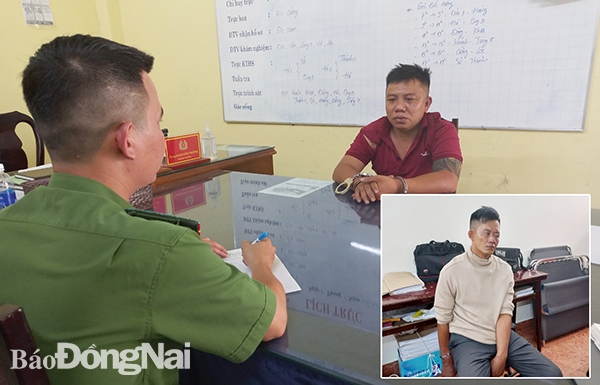 Cán bộ điêu tra làm việc với Nguyễn Thanh Phước và đối tượng Lê Bảo Cường sau khi bị bắt giữ