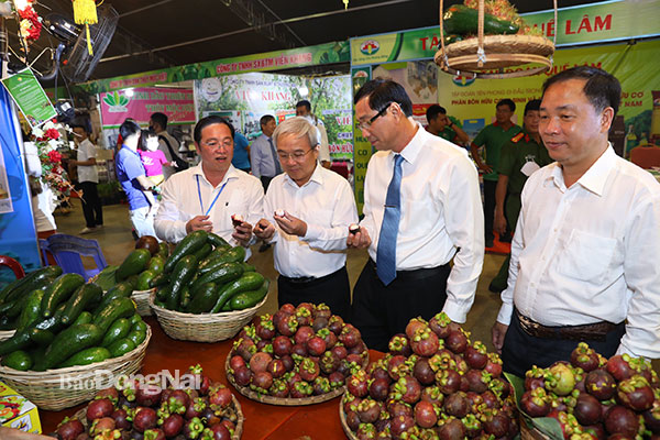 Đoàn lãnh đạo tỉnh và TP.Long Khánh tham quan gian hàng trái cây tại lễ hội. Ảnh: Huy Anh
