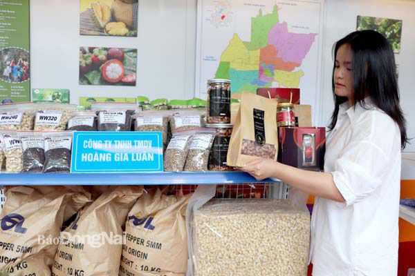 Sản phẩm nông nghiệp, trong đó có nhân điều xuất khẩu của doanh nghiệp tại TP.Long Khánh tham gia giới thiệu đến người tiêu dùng trong nước tại Tuần lễ tôn vinh trái cây Đồng Nai. Ảnh: Bình Nguyên