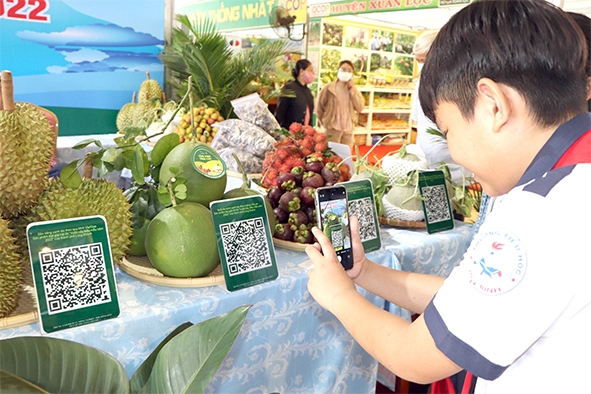 Một học sinh cũng có thể dễ dàng sử dụng điện thoại thông minh quét mã QR tìm hiểu thông tin về nguồn gốc, chất lượng sản phẩm trái cây của nhà vườn Long Khánh tại Tuần lễ Tôn vinh trái cây Đồng Nai