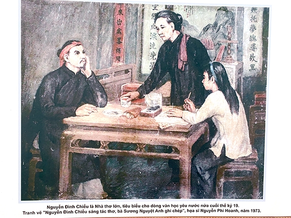 Tranh vẽ Nguyễn Đình Chiểu sáng tác thơ, bà Sương Nguyệt Anh ghi chép của họa sĩ Nguyễn Phi Hoanh năm 1973. Ảnh: L.V