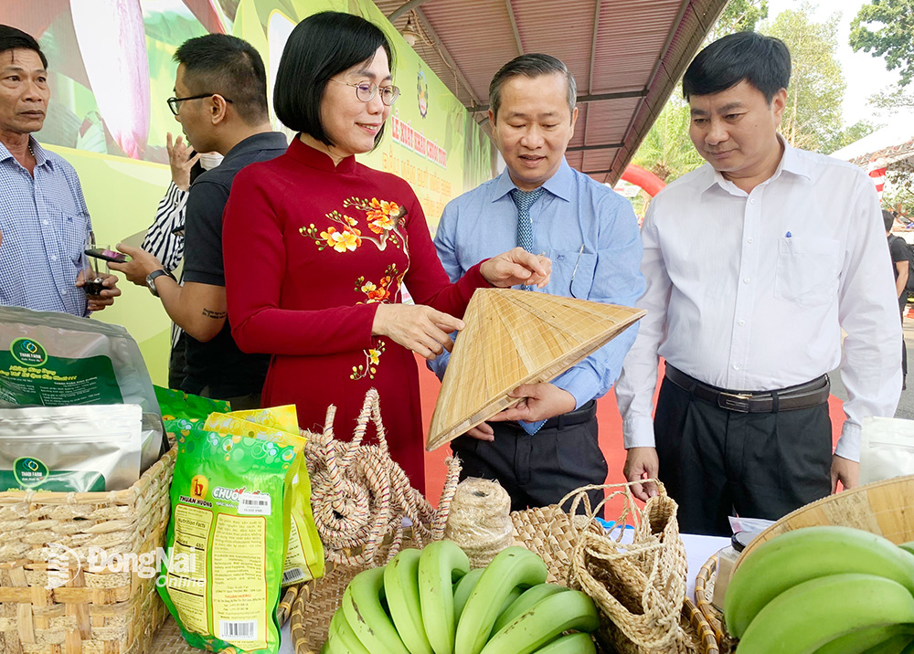 Phó chủ tịch UBND tỉnh Nguyễn Thị Hoàng tham quan gian hàng trưng bày các sản phẩm xuất khẩu từ cây chuối của Đồng Nai. Ảnh: B.Nguyên