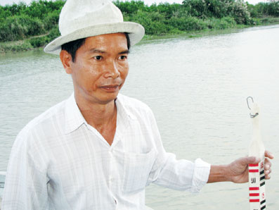 Anh Võ Thanh Lưu ở Trạm Thủy văn Phú Hiệp (huyện Định Quán) đo tốc độ dòng chảy trên sông La Ngà.