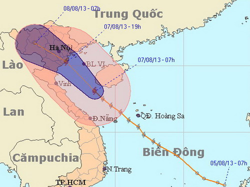 Bản đồ dự báo đường đi của bão số 6, cập nhật hồi 9 giờ 30 ngày 7.8  Nguồn: Trung tâm dự báo khí tượng thủy văn T.Ư 