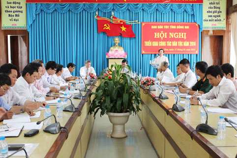 Phó chủ tịch UBND tỉnh Nguyễn Thành Trí phát biểu tại hội nghị. 