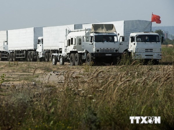 Đoàn xe chở hàng cứu trợ của Nga chờ ở một địa điểm thuộc ngoại ô Voronezh, ngày 13/8. (Ảnh: AFP/TTXVN)