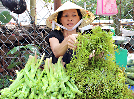 Chị Trần Thị Thu Huệ bán các loại rau đặc sản tại bến đò An Hảo (xã Hiệp Hòa, TP.Biên Hòa). Ảnh: B.Nguyên