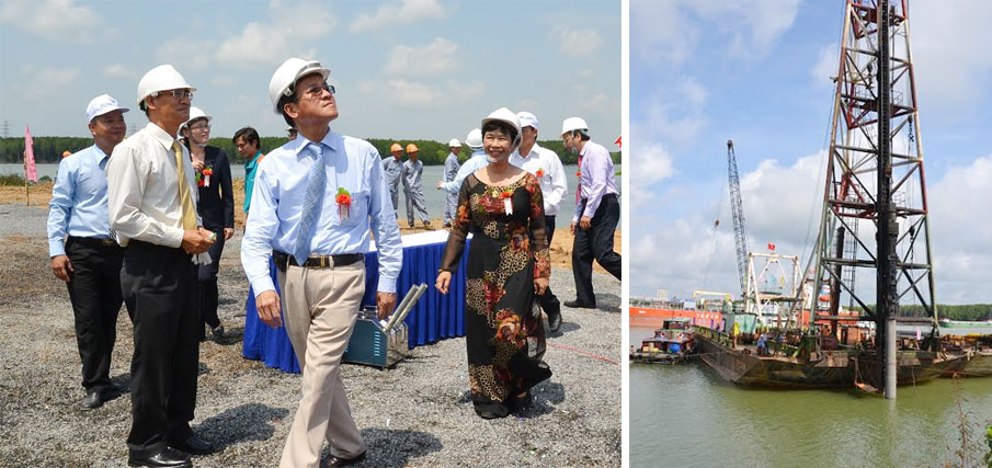 Chủ tịch UBND tỉnh Đinh Quốc Thái (giữa) cùng phó Chủ tịch UBND tỉnh Trần Văn Vĩnh (thứ 2 từ trái sang) thăm quan khu vực xây dựng cảng 30 ngàn DWT tại cảng Gò Dầu