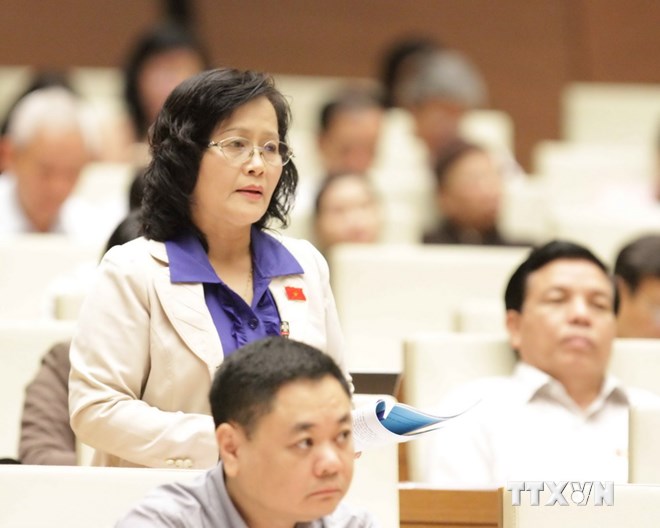 Bà Trần Thị Quốc Khánh, Đại biểu Quốc hội thành phố Hà Nội phát biểu ý kiến. (Ảnh: TTXVN)
