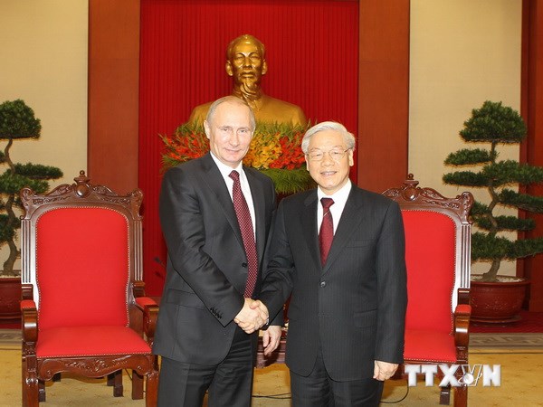 Tổng Bí thư Nguyễn Phú Trọng tiếp Tổng thống Liên bang Nga Vladimir Putin thăm cấp Nhà nước tới Việt Nam. (Ảnh: TTXVN)