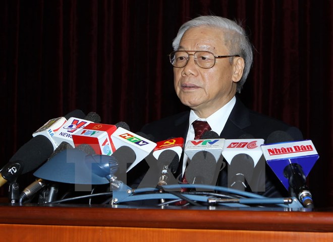 Tổng Bí thư Nguyễn Phú Trọng phát biểu bế mạc Hội nghị Ban Chấp hành Trung ương Đảng Khóa XI, lần thứ 11. (Ảnh: TTXVN)