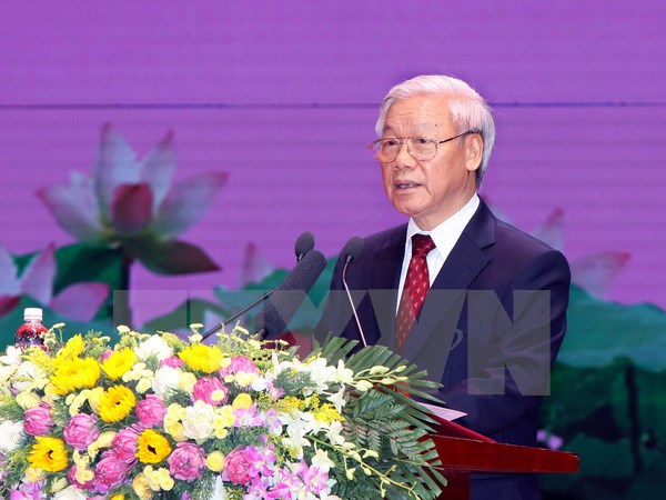 Tổng Bí thư Nguyễn Phú Trọng đọc Diễn văn tại Lễ kỷ niệm. (Ảnh: TTXVN)