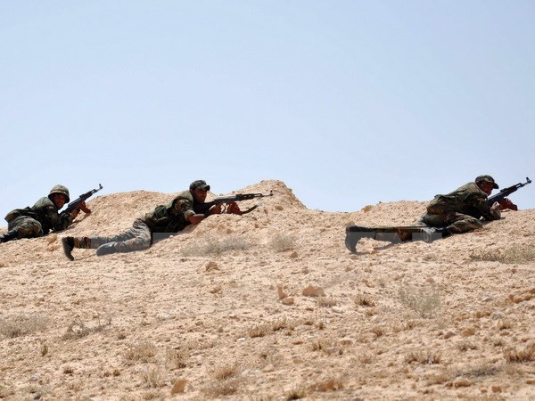 Binh sỹ Syria giao tranh với IS tại khu vực đông bắc thành phố cổ Palmyra ngày 17/5. (Nguồn: AFP/TTXVN)