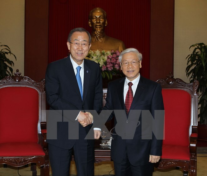 Tổng Bí thư Nguyễn Phú Trọng tiếp Tổng Thư ký Liên hợp quốc Ban Ki-moon đang thăm chính thức Việt Nam. (Ảnh: TTXVN)