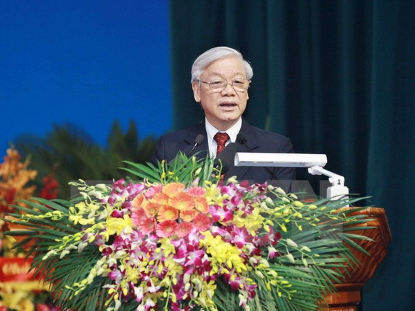 Tổng Bí thư Nguyễn Phú Trọng phát biểu tại Đại hội. (Ảnh: TTXVN)