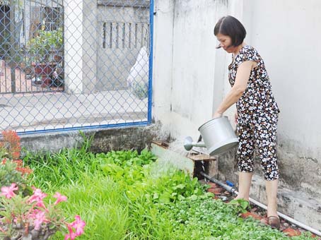 Bà Nguyễn Thị Thanh Thuận tưới rau trong vườn nhà.