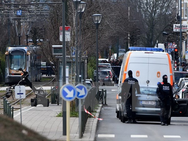Cảnh sát Bỉ làm nhiệm vụ trong cuộc bố ráp ở Schaerbeek, Brussels ngày 25/3. (Nguồn: AFP/TTXVN)
