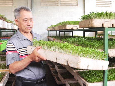 Ông Hoàng Đăng Lộc bên trong nhà xưởng trồng rau mầm.