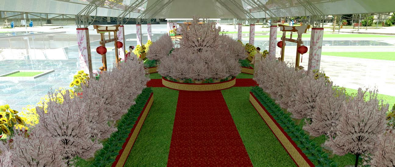 Phối cảnh trưng bày hoa Anh Đào trong Lễ hội hoa Anh Đào tại Đồng Nai phục vụ nhân dân tham quan