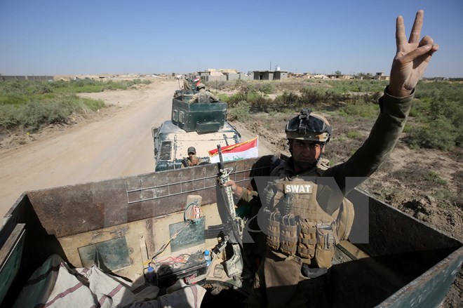 Lực lượng ủng hộ Chính phủ Iraq vui mừng sau khi giành lại quyền kiểm soát làng al-Sejar, Đông Bắc Fallujah ngày 26/5. (Nguồn: AFP/TTXVN)