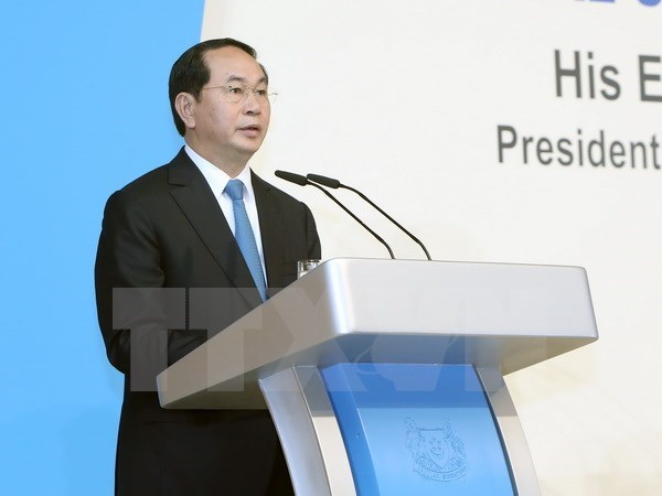 Chủ tịch nước Trần Đại Quang đến dự và phát biểu tại Diễn đàn Singapore. (Ảnh: Nhan Sáng/TTXVN)