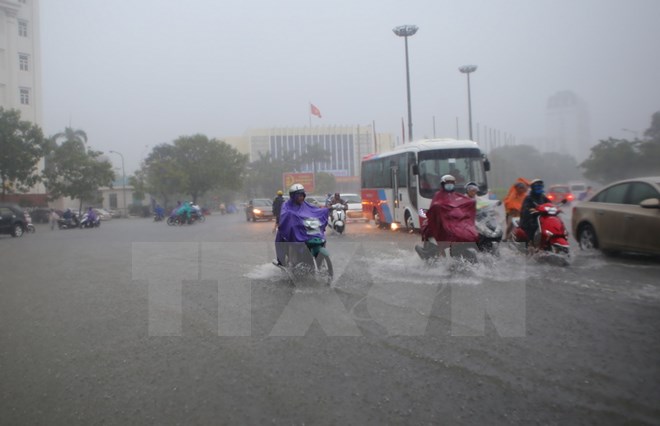Ngập lụt trên đường Hà Nội (khu vực vòng xoay ngã 6, trung tâm thành phố Huế). (Ảnh: Hồ Cầu/TTXVN)