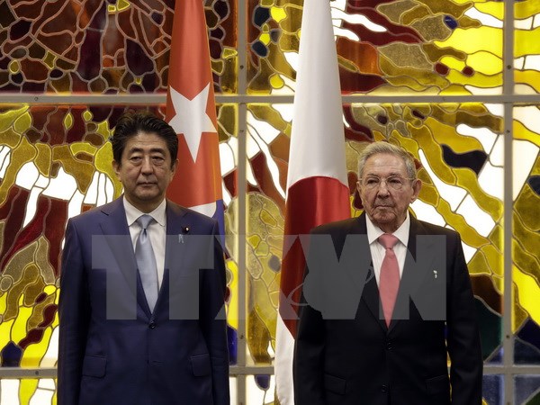 Chủ tịch Cuba Raul Castro (phải) và Thủ tướng Nhật Bản Shinzo Abe tại lễ ký kết văn kiện hợp tác sau hội đàm. (Nguồn: EPA/TTXVN)