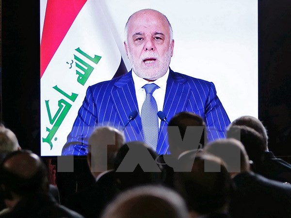 Thủ tướng Iraq Haider al-Abadi phát biểu trực tuyến tại hội nghị quốc tế về tương lai của Mosul ở Paris, Pháp ngày 20/10. (Ảnh: AFP/TTXVN)