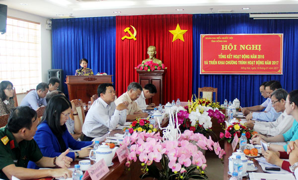 Đồng chí Phan Thị Mỹ Thanh, Phó Bí thư Tỉnh ủy, Trưởng  Đoàn Đại biểu Quốc hội tỉnh phát biểu tại hội nghị.
