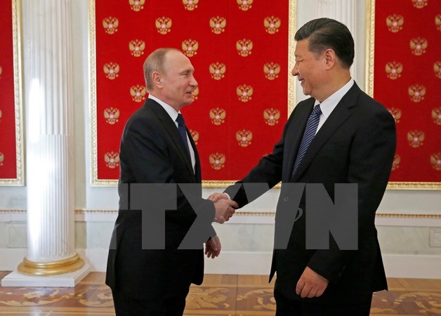 Tổng thống Nga Vladimir Putin (trái) và Chủ tịch Trung Quốc Tập Cận Bình (phải) tại cuộc gặp ở Moskva ngày 3/7. (Nguồn: AFP/TTXVN)
