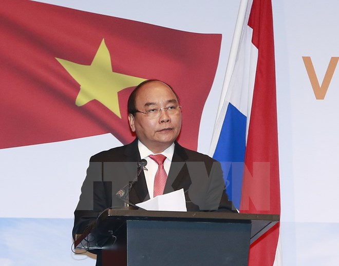 Thủ tướng Nguyễn Xuân Phúc tham dự và phát biểu tại Diễn đàn Doanh nghiệp Việt Nam-Hà Lan. (Ảnh: Thống Nhất/TTXVN)