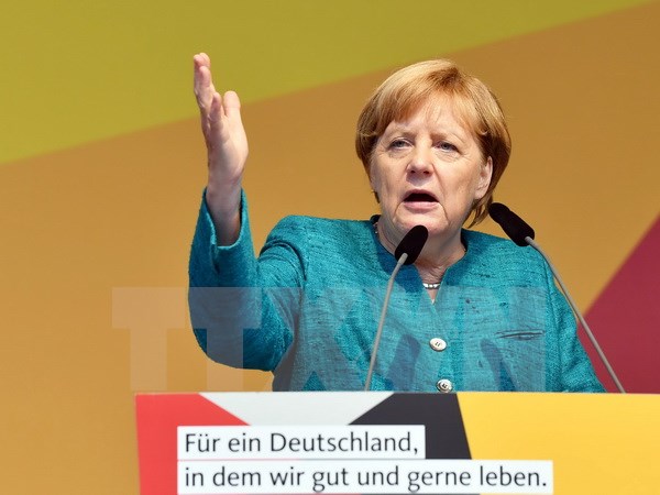 Thủ tướng Đức Angela Merkel tại cuộc họp báo ở Annaberg-Buchholz, Đức, ngày 17/8. (Nguồn: AFP/TTXVN)