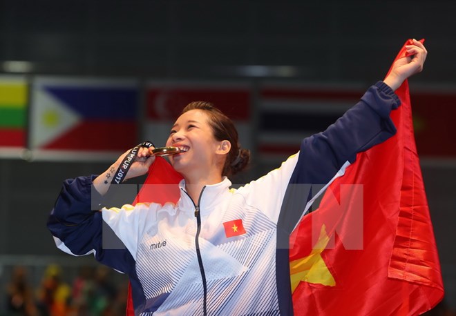 Thúy Vy đã giành 2 HCV tại SEA Games 29. (Ảnh: Quốc Khánh/TTXVN)