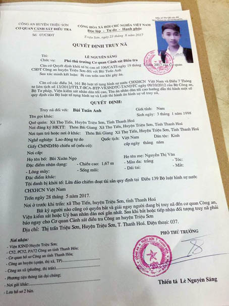 Quyết định truy nã Bùi Tuấn Anh của Cơ quan Cảnh sát điều tra Công an huyện Triệu Sơn (tỉnh Thanh Hóa).