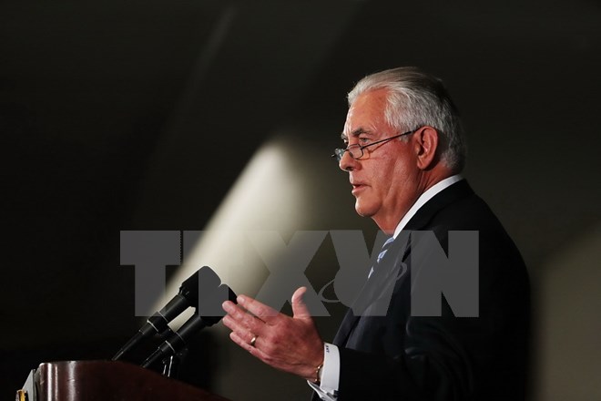 Ngoại trưởng Mỹ Rex Tillerson trong cuộc họp báo tại New York, Mũ ngày 20/9. (Nguồn: AFP/TTXVN)