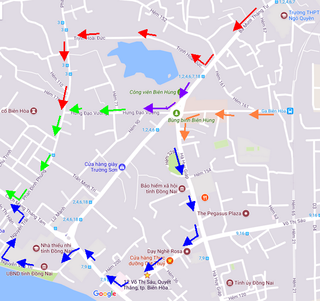 Sơ đồ lưu thông tránh khu vực thi công công trình chống ngập tại Ngã 5 Biên Hùng (dựng theo Google maps)