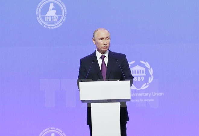 Tổng thống Liên bang Nga V. Putin phát biểu tại lễ khai mạc. (Ảnh: Trọng Đức/TTXVN)