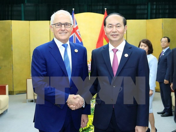 Chủ tịch nước Trần Đại Quang tiếp song phương Thủ tướng Australia Malcolm Turnbull. (Ảnh: TTXVN)