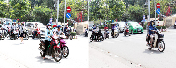 Tại nút giao giữa đường Đồng Khởi và đường Đặng Đức Thuật - Lê Quý Đôn, TP.Biên Hòa nơi có nhiều sinh viên, học sinh thường xuyên qua đường, tình trạng xe gắn máy dừng quá vạch quy định diễn ra khá phổ biến.