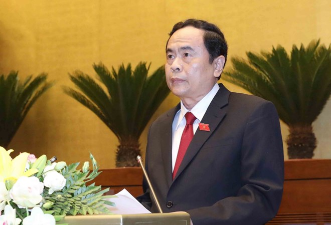 Chủ tịch Ủy ban Trung ương Mặt trận Tổ quốc Việt Nam Trần Thanh Mẫn trình bày Báo cáo tổng hợp ý kiến, kiến nghị của cử tri và nhân dân. (Ảnh: Phương Hoa/TTXVN)