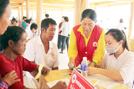 Bà Lương Thị Kỳ (thứ 2 từ phải sang), Chủ tịch Hội Chữ thập đỏ huyện Định Quán cùng đoàn y, bác sĩ thiện nguyện Hội Chữ thập đỏ tỉnh tổ chức khám bệnh, cấp thuốc miễn phí cho người dân.